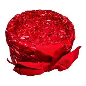 Vintage Mid Century Red synthetic straw pillbox hat Betmar for Garfinckel & Co